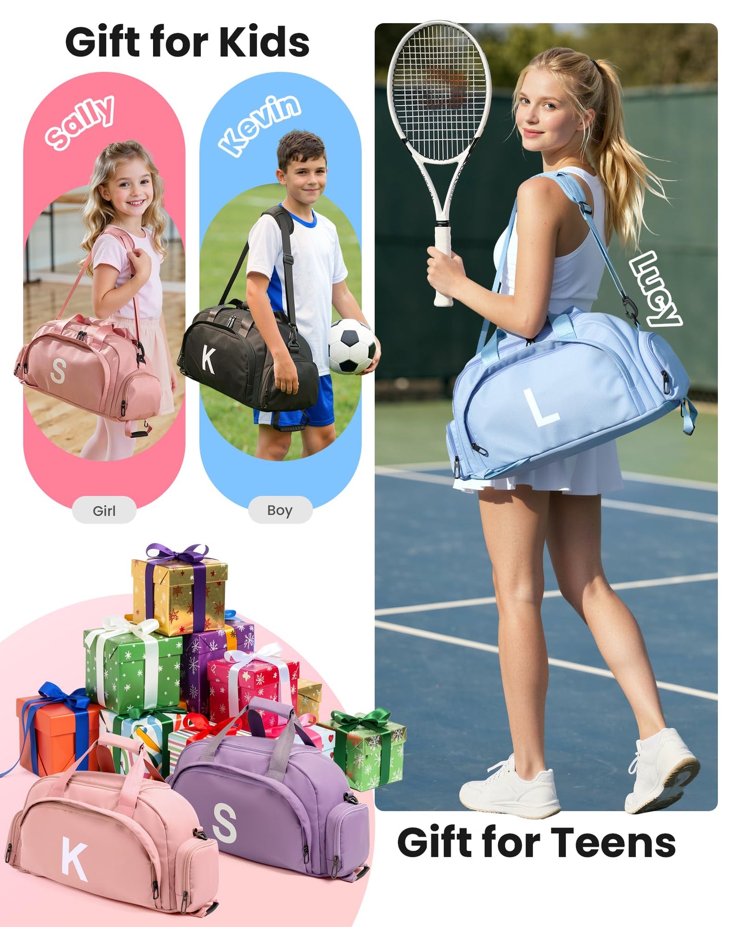 Vogewood Birthday Gift-Gifts for 12 13 14 15 16 17 18 Year Old Girls, Initial Gym Bags with Shoe Compartment, Dance Bag for Girls, Kid Overnight Bags, Travel Duffle Tote-Teen Girl Gift (Letter A)