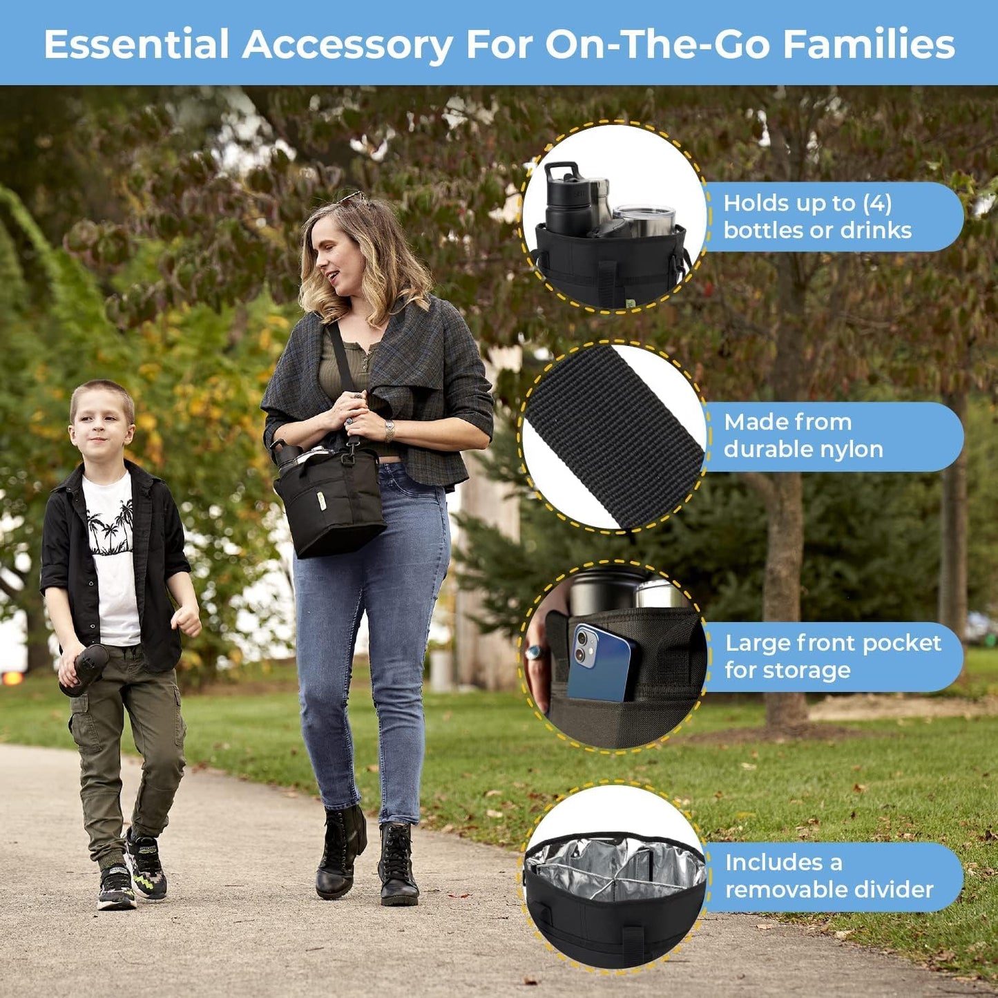 4 Water Bottle Holder with Strap | Family Size 4 Compartment Drink Bag, Multiple Tumbler Carrier Caddy | Adjustable Fits Large & Small Drinks | Hands Free, Won't Tip Over in Car (Lavender)