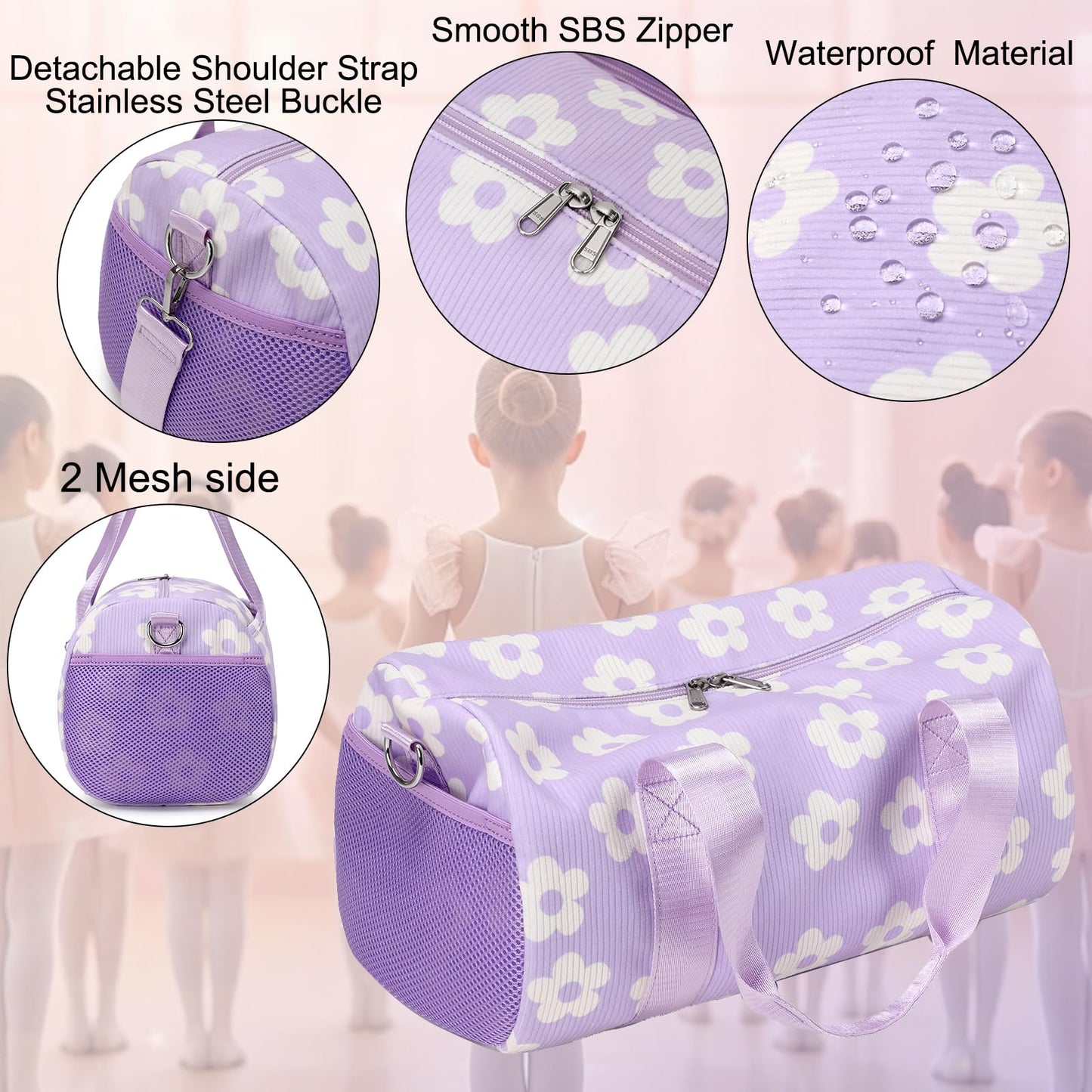 Dance Ballet Bag for Girls Purple Corduroy Dance Bag for Girls 4-6 Toddler Small Duffle Ballerina Bags with Waterproof Dry Wet Separated Compartment