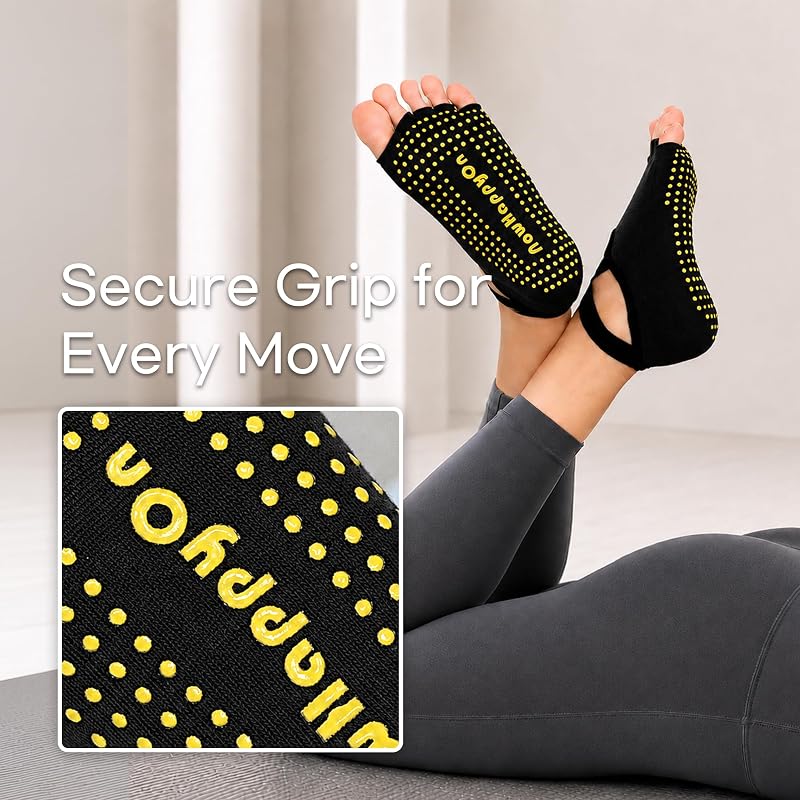 Yoga Socks for Women Open-Toe Non-Slip Grip 2 Pairs Black & Light Grey - Barre, Ballet, Dance