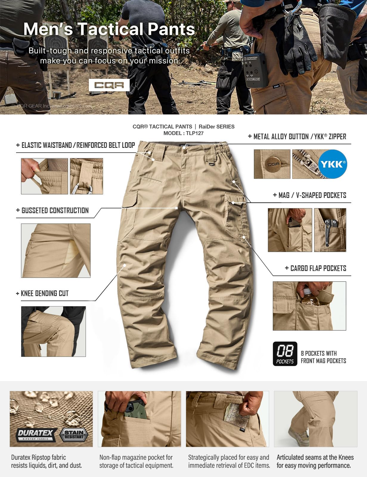 CQR Men's Tactical Pants, Water Resistant Ripstop Cargo Pants, Lightweight EDC Work Hiking Pants, Outdoor Apparel, Raider Mag Pocket Khaki, 46W x 30L