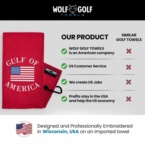 Wolf Golf Towels | Gulf of America Golf Towel | Funny Golf Gifts | Golf Bag Accessories | Embroidered Red Microfiber Golf Towel