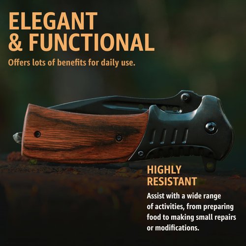 Pocket Knife for Men with Wood Handle & Glass Breaker & Pocket Clip - 3.66" Sharp Blade - Tactical Self Defense Folding Knives for Men Women Hunting Camping Military Survival Hiking Work EDC 0207