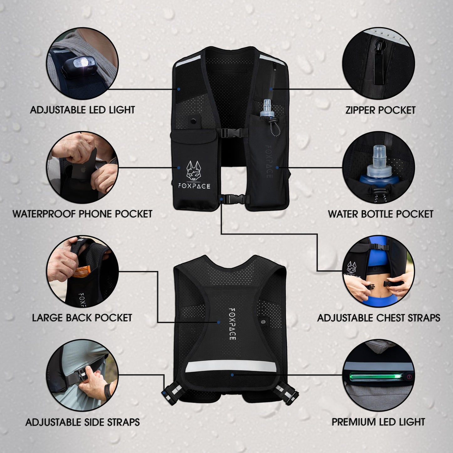 Running Vest for Women Men - Hydration Vest Water Bottle - Breathable Adjustable Backpack for Hiking Marathon - Waterproof Phone Pocket - Reflective Lights Up Rechargable Vest for Night Running