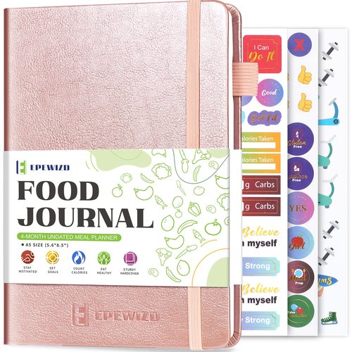 EPEWIZD Food Journal for Weight Loss, Meal Planner & Daily Food Wellness Diary to Count Calories Nutrient Intake,Weight Loss Journal to Track Health, Achieve Diet Fitness Goals (A5 size)-Rose Gold