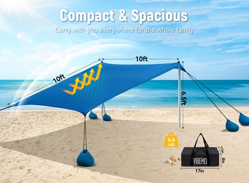 Vibemo Beach Tent, UPF50+ Sun Shelter, 10x10ft Outdoor Canopy with Sandbags, Ground Pegs, Stability Poles & Sand Shovel, Portable Sun Shade for Traveling, Camping, Fishing, Picnics & Backyard Fun
