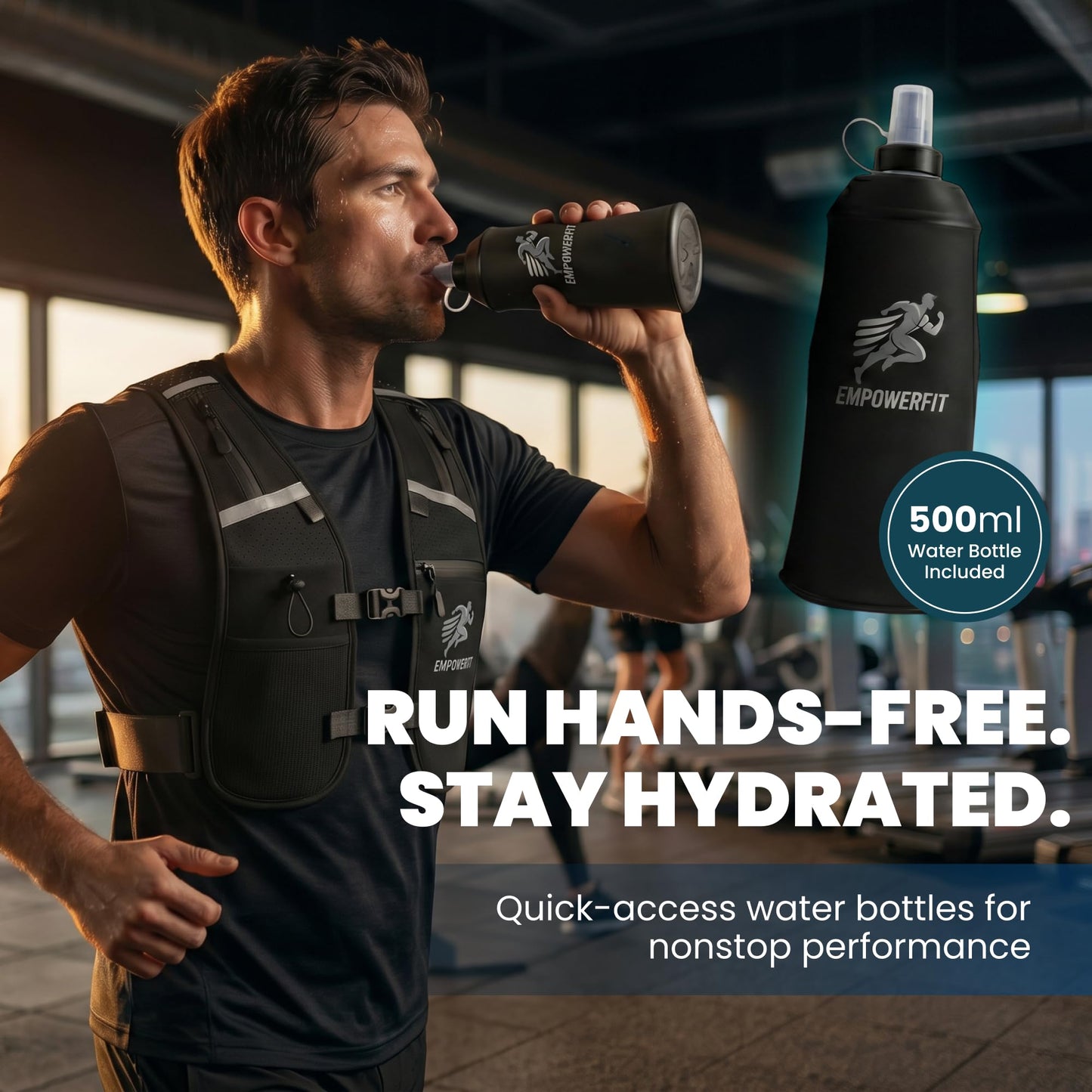 EMPOWERFIT Running Hydration Vest with 500ml Soft Bottle – Lightweight Running Pack for Men & Women, Breathable Mesh, Reflective, 6 Pockets