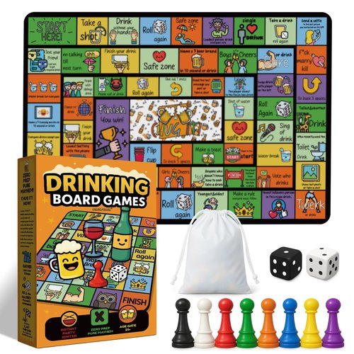 OmaFena Drinking Game for Adults – Funny 21+ Party Board Game with Rubber Mat – Drunk Games, Bachelorette Party, College Night, Birthday, 2-8 Players