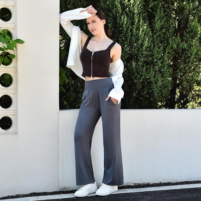 SINOPHANT Black Wide Leg Yoga Pants with Pockets - High Waist Lounge/Palazzo Pants, 30" Inseam, Medium
