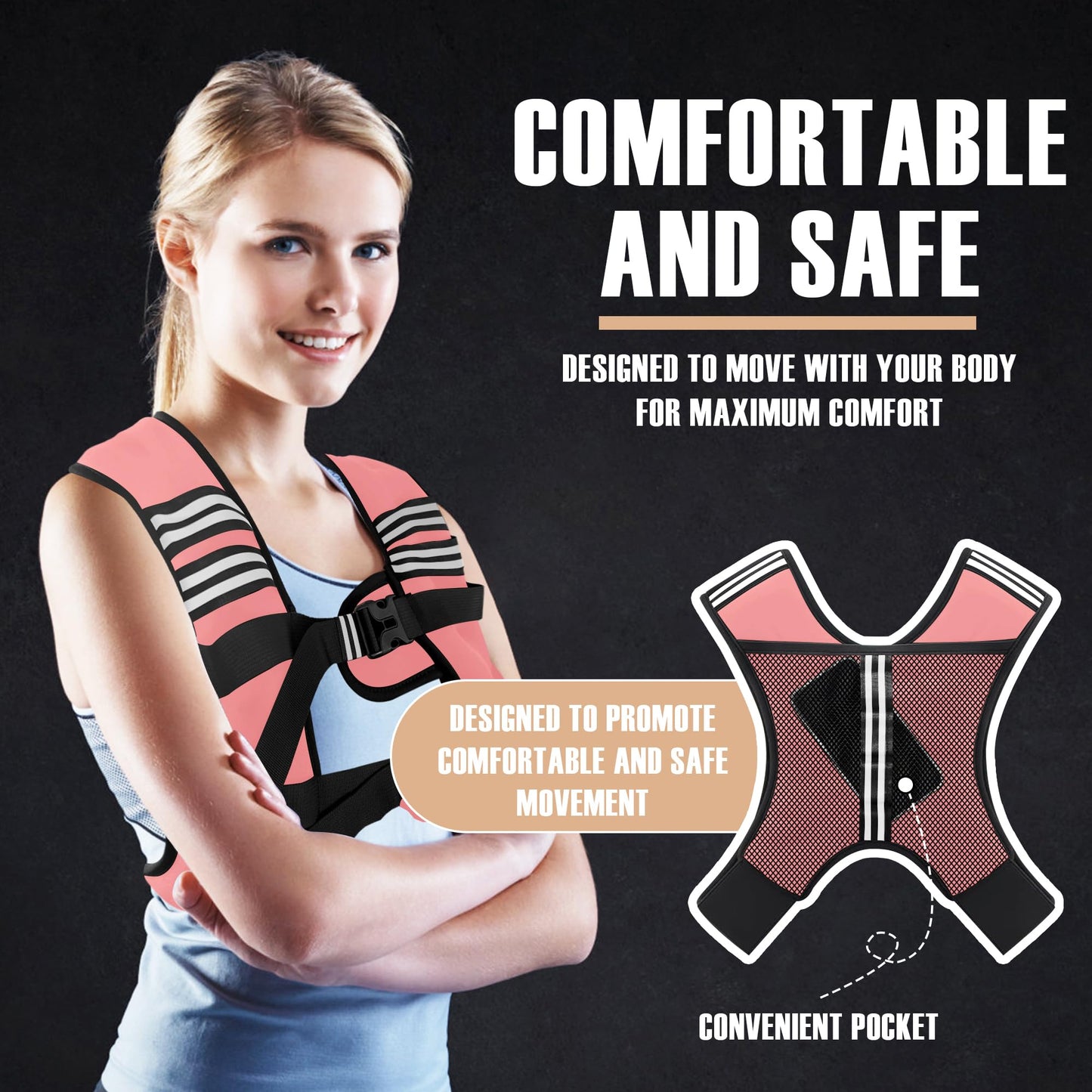 NATURELUX Weighted Vest with Reflective Stripe and Adjustable Buckle Straps, Pastel Pink, 20 lbs