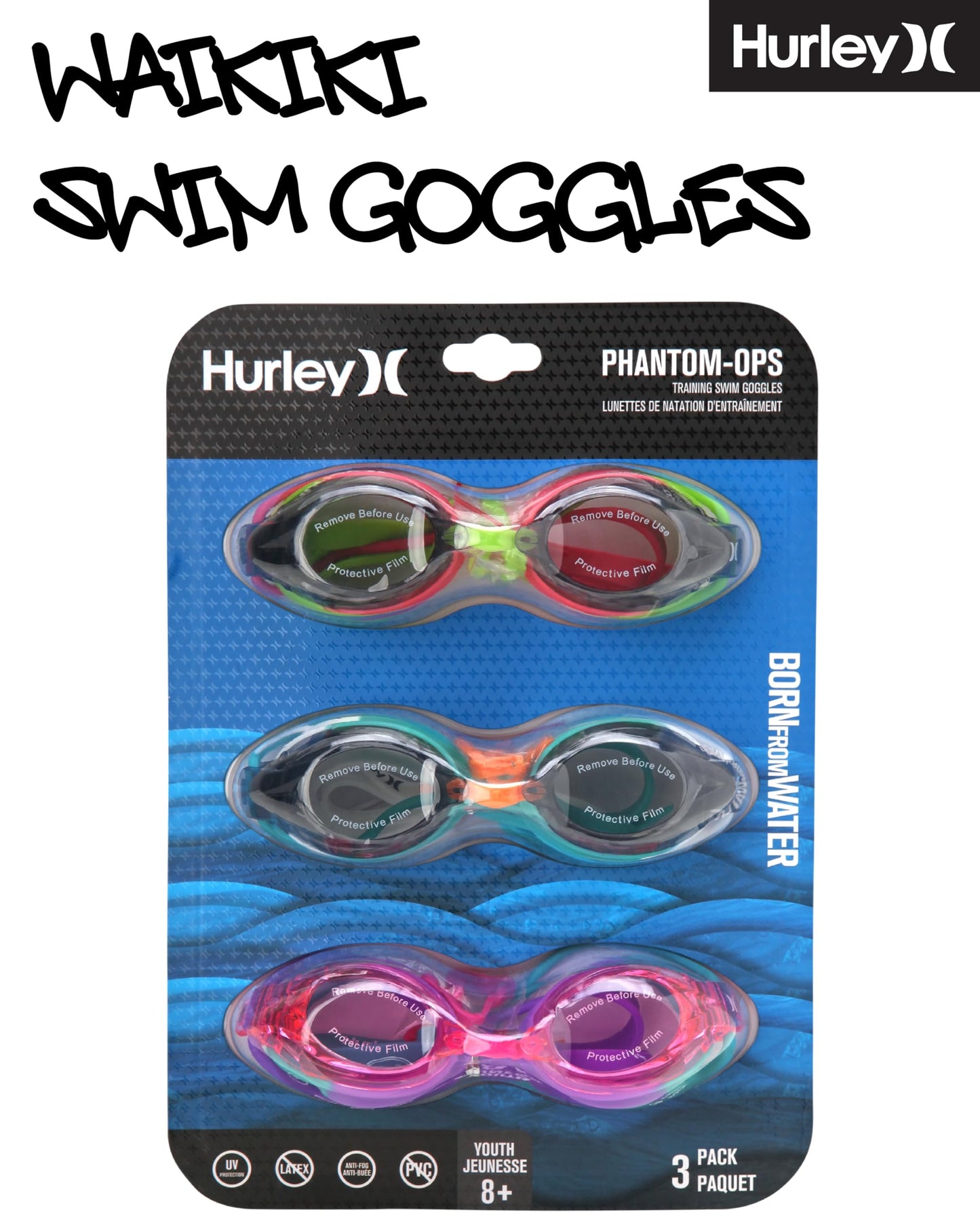 Hurley Kids Swim Goggles - 3 Pack UV Protection Anti-Fog Leak Proof Kids Goggles - Adjustable Wakiki Swimming Accessories