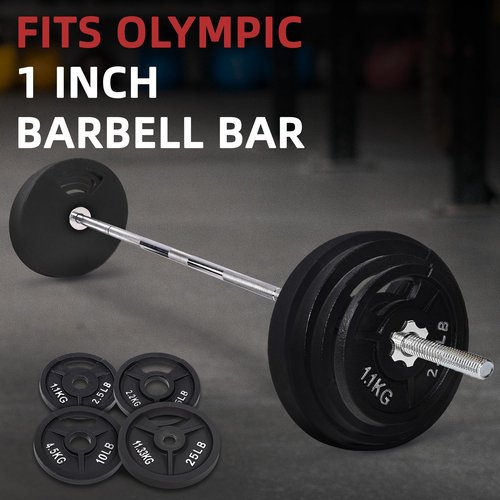 Fitvids Cast Iron 1" Standard Weight Plates Including Standard Barbell Bar & Star Locks, 95 Pounds Set (85 Lbs Plates + 10 Lbs Barbell Bar), Multiple Packages