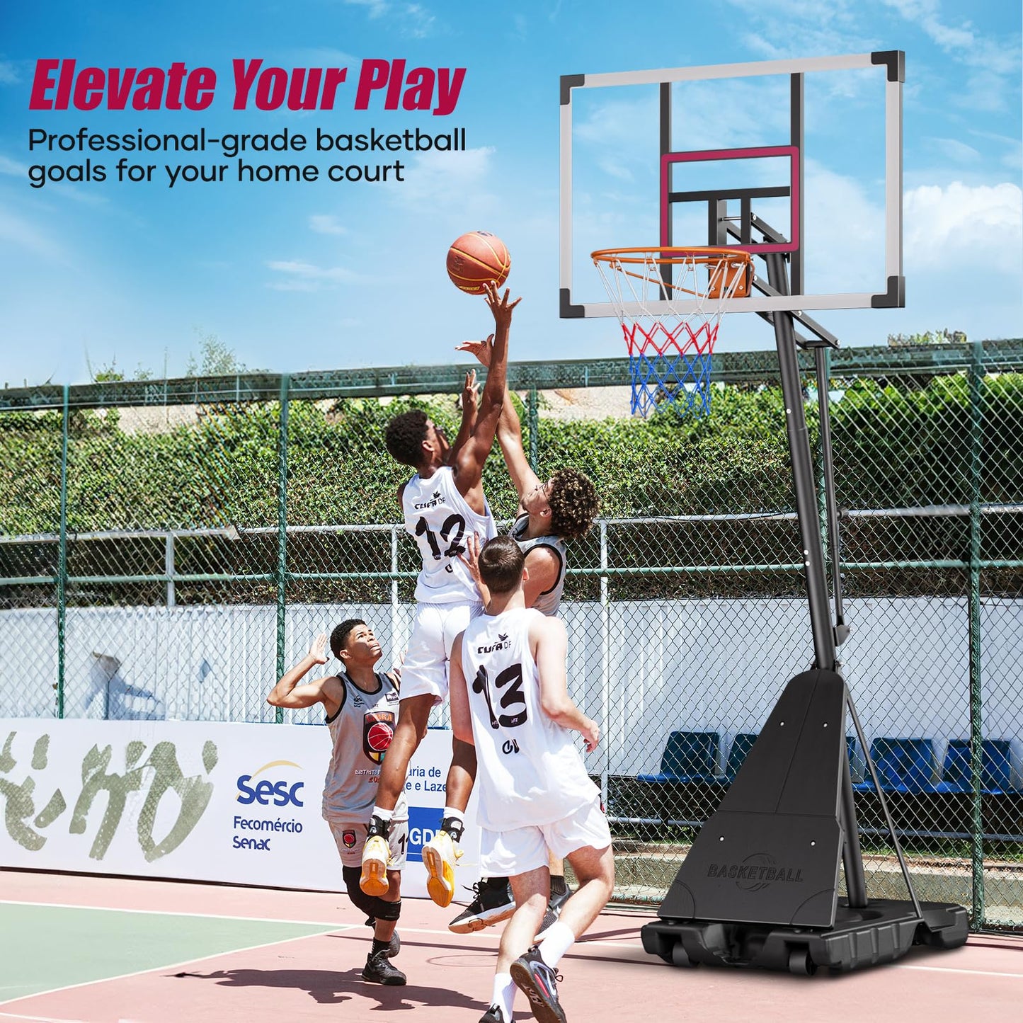 Asbest Basketball Hoop Outdoor with 44" Shatterproof Backboard, 5.09-10FT Adjustable Basketball Goal System, Portable Hoop with Wheels & Easy Adjustment for Driveway, Backyard, Court (Purple)