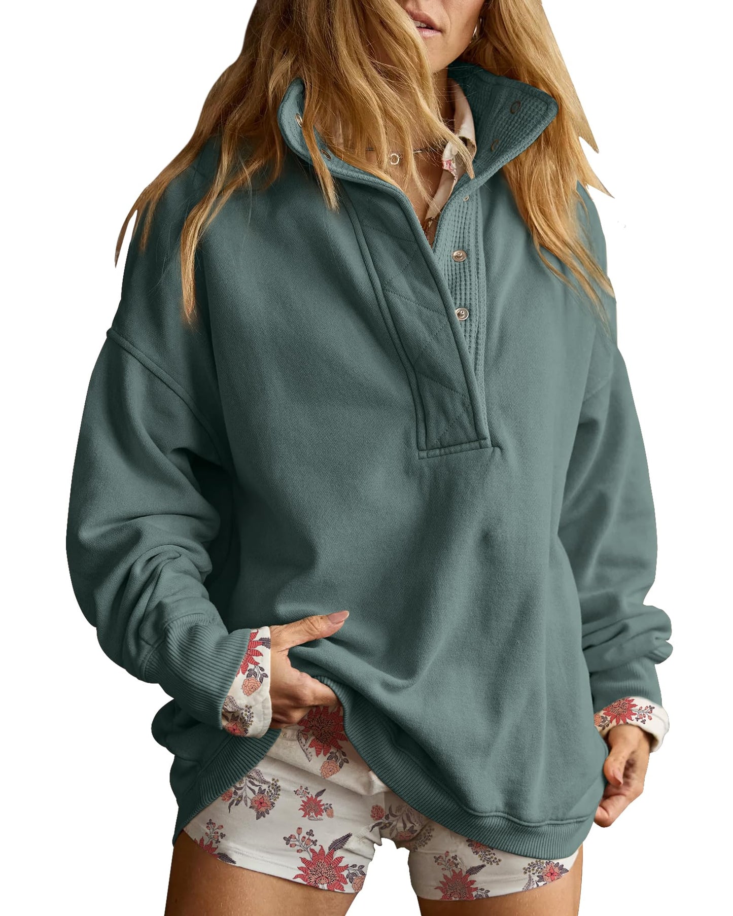 Gacaky Sweatshirt for Women Oversized Casual Long Sleeve Button Henley Neck Pullover Tops Fashion Outfits Clothes Mystical Green L