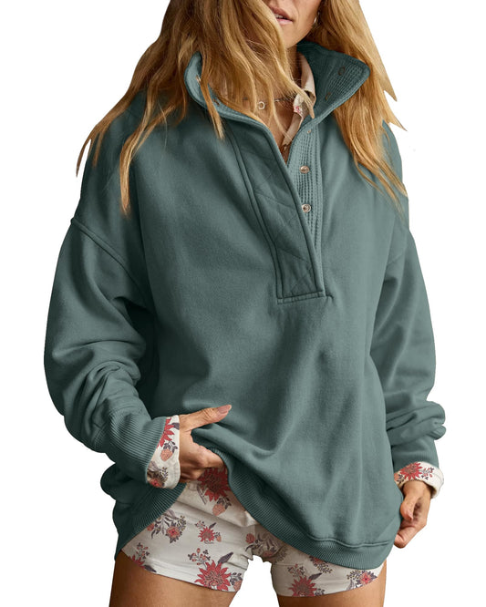 Gacaky Sweatshirt for Women Oversized Casual Long Sleeve Button Henley Neck Pullover Tops Fashion Outfits Clothes Mystical Green L