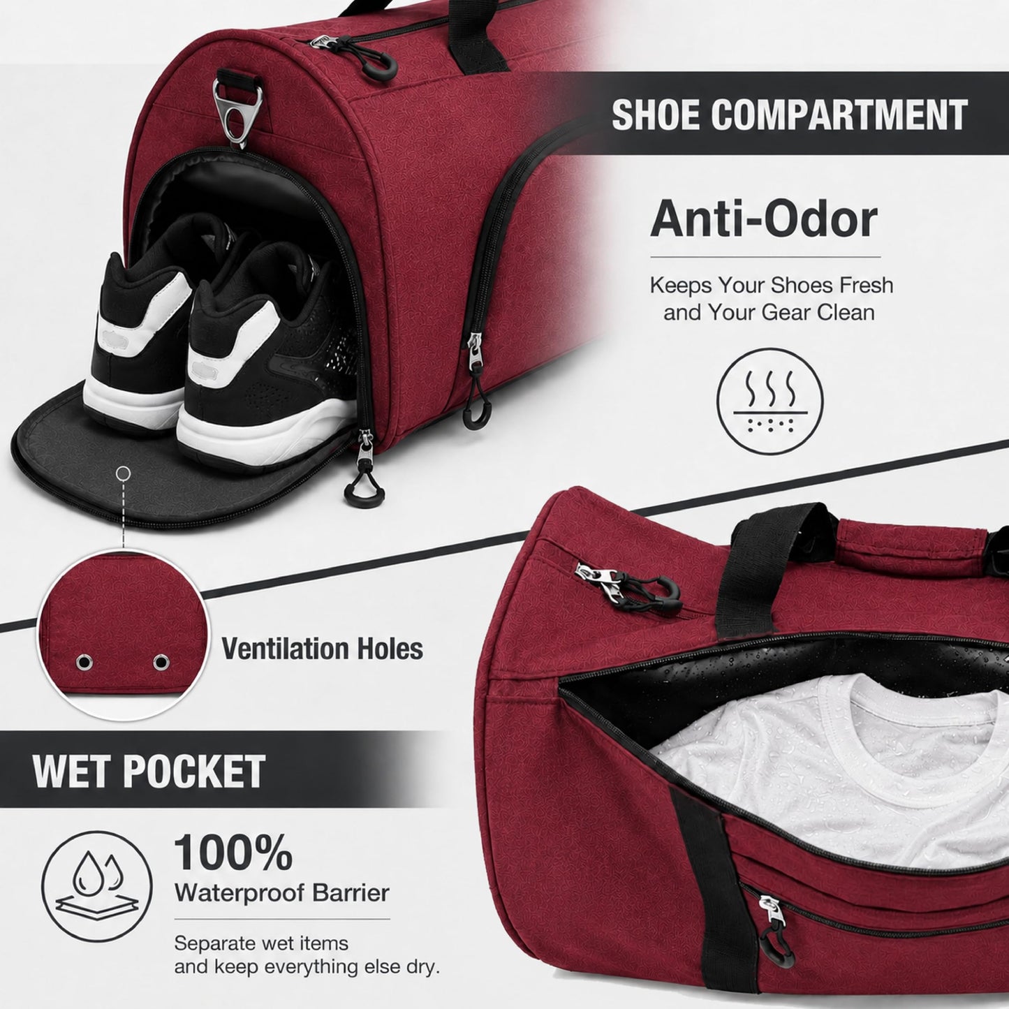 KUOSHI Men's Gym Bag with Shoe Compartment - Sport Duffle Bag for Men & Women, Water Resistant Travel Bag with Wet Pocket, Small Weekender Overnight Bag, Workout Bag with Luggage Sleeve-56L Red