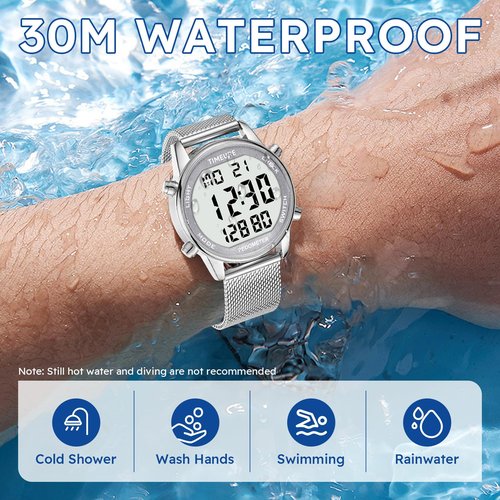 TIMEURE Men's Pedometer Watch with Stainless Steel Bracelet, Step Counter Watch, No App, No Charging Needed for Outdoor Walking, Calorie, Distance, Alarm, Countdown Timer TU-2306B