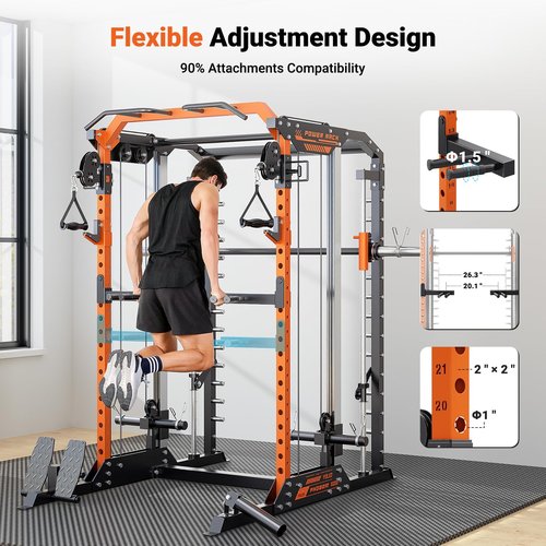 YOLEO Smith Machine with Independent Dual-Pulley System, 1700LBS Adjustable Cable Crossover Squat Rack, Multi-Functional Power Cage for Home Gym with More Workout Equipment LAT Pulldown Bar & Dip Bar