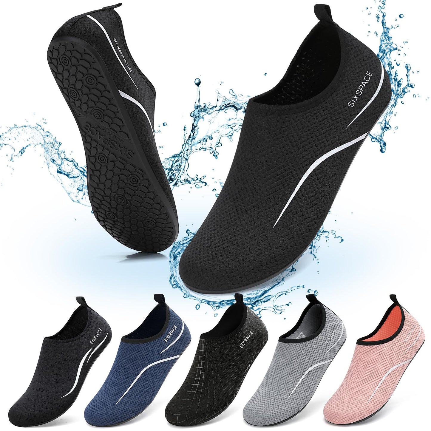 Sixspace Water Shoes for Women Men Aqua Socks Swim Shower Beach Barefoot Pool Quick-Dry Non Slip Lake Surf (EGUS058MXXZ487BK34)