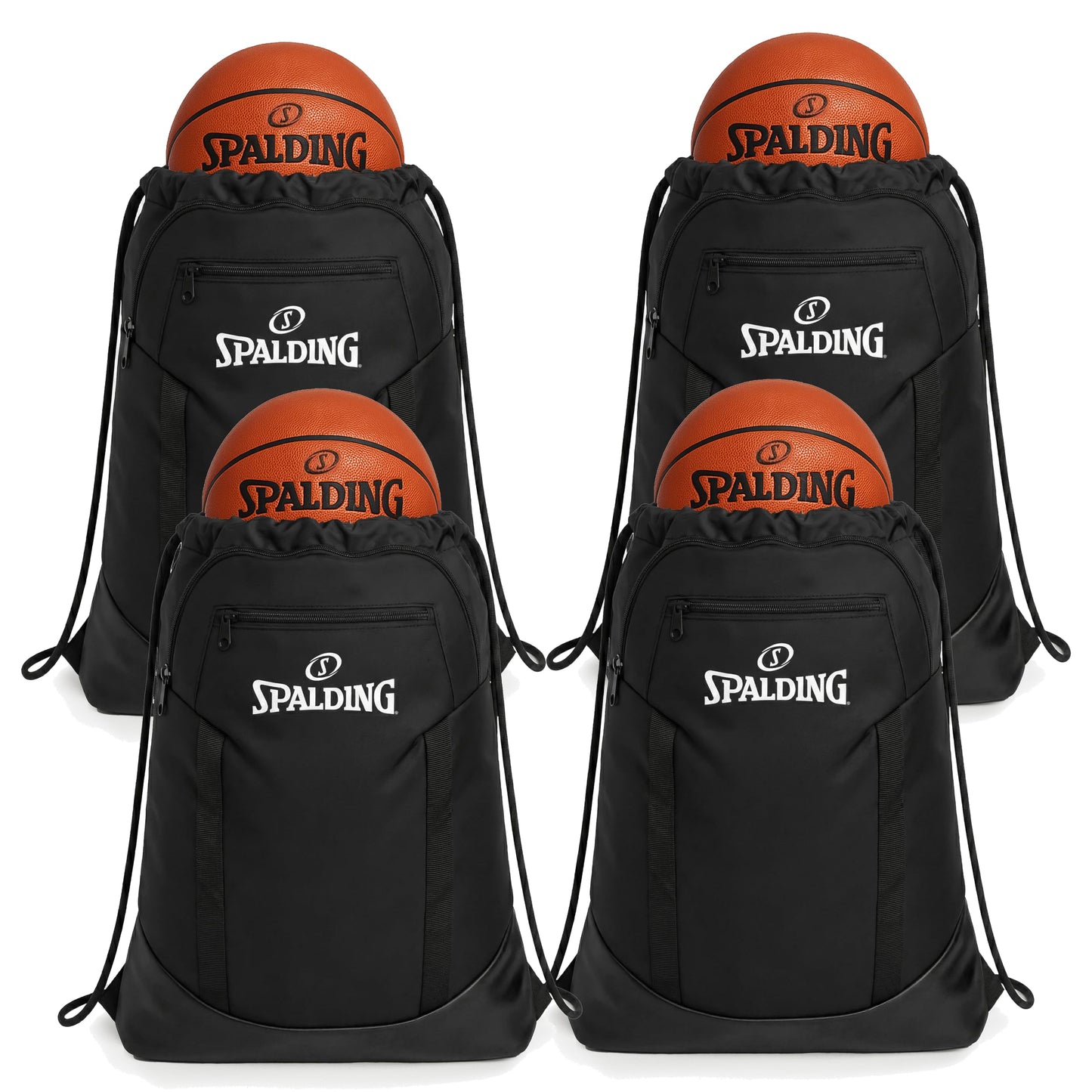 Spalding Drawstring Backpack Sports Bag, Black Waterproof Gym Bag Cinch Sack with Separate Shoe and Ball Holder, for Travel, Basketball, Sports, 4 Pack