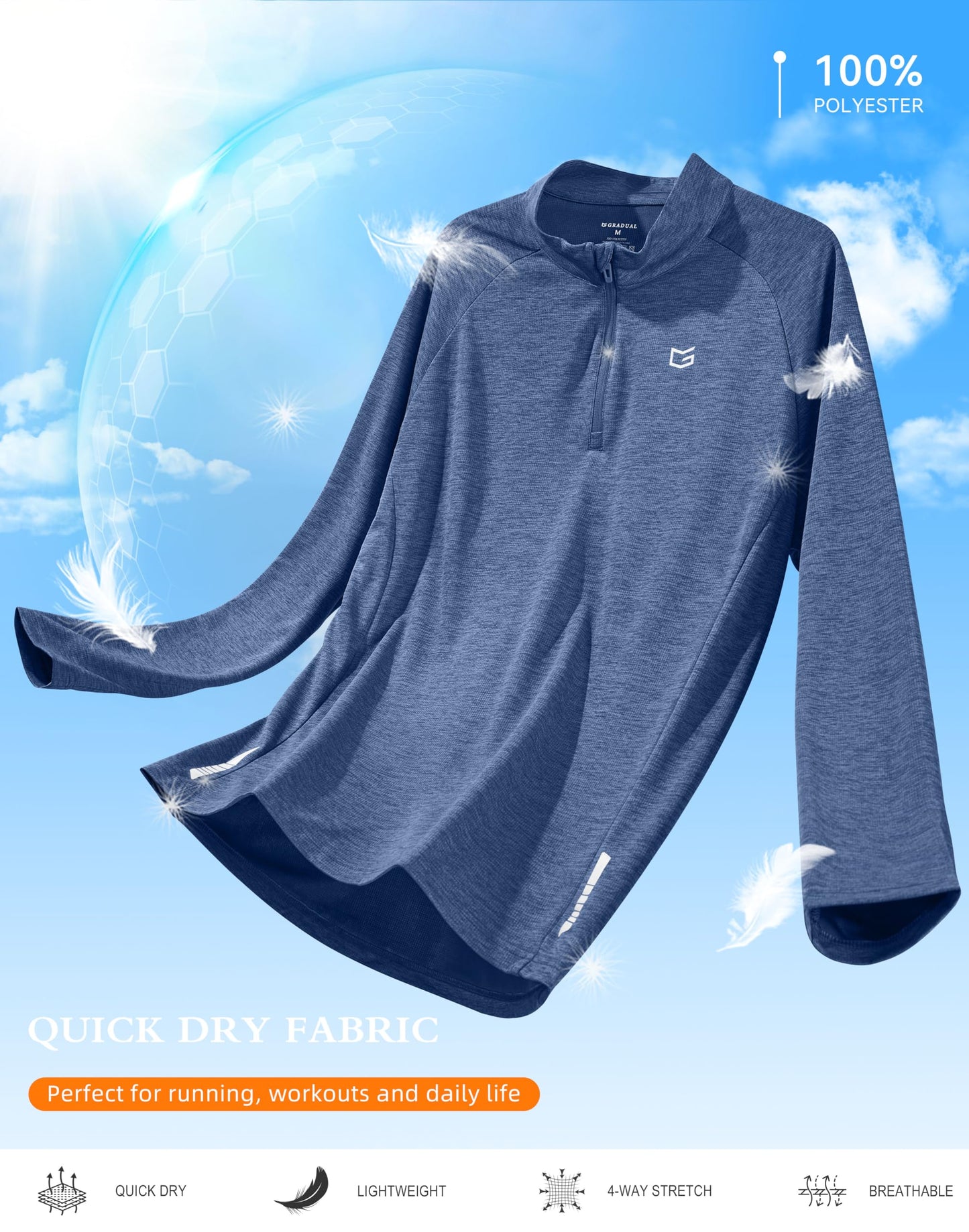 G Gradual Men's Running Shirts Long Sleeve Athletic Shirt Lightweight Quick Dry Quarter Zip Pullover for Men Workout Gym Golf(Blue Heather,L)