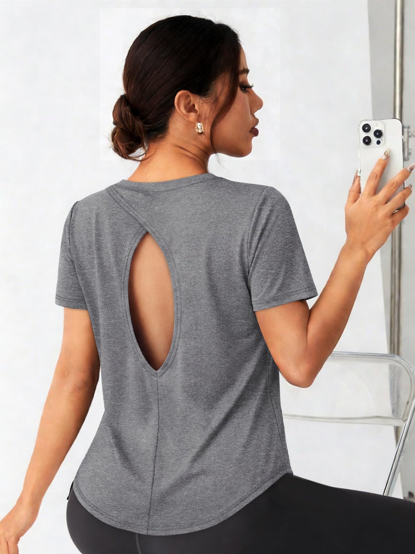 Alaroo Open Back Tops for Women Workout Shirts Short Sleeve Yoga Gym Clothes Summer Beach Vacation Sun Protection Clothing Grey XL