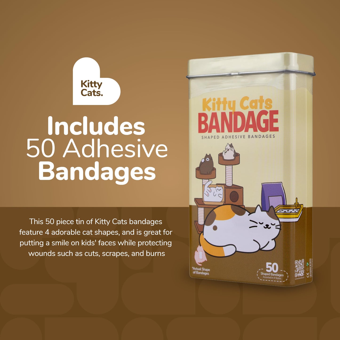 BioSwiss Bandages, Kitty Cats Shaped Self Adhesive Bandage Set, Latex Free, Sterile Wound Care, 50 Count