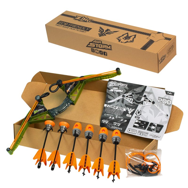 Zing Air Hunterz Z-Curve Bow Pack, 1 Green Bow, 4 Orange Zonic Whistle and 2 Orange Suction Cup Arrows and 1 Bungee, Shoots Up to 200 Feet