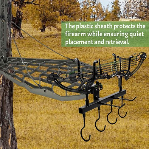 Metal Tree Stand Gun Holder, Rustproof Tree Stand Gun Rest with 6 Organize Hooks Treestand Rifle Holder Hunting Equipment Treestands Accessories for Climbing Stand Men Hunting Gift, Easy Clamps On