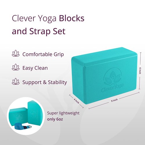 Clever Yoga Blocks 2 Pack with Strap - Extra Light Weight Sweat Repelling Foam Yoga Block Set with Cotton 8ft Yoga Stretch Strap - Yoga Block and Strap Set Kit for Beginner to Pro - Exercise