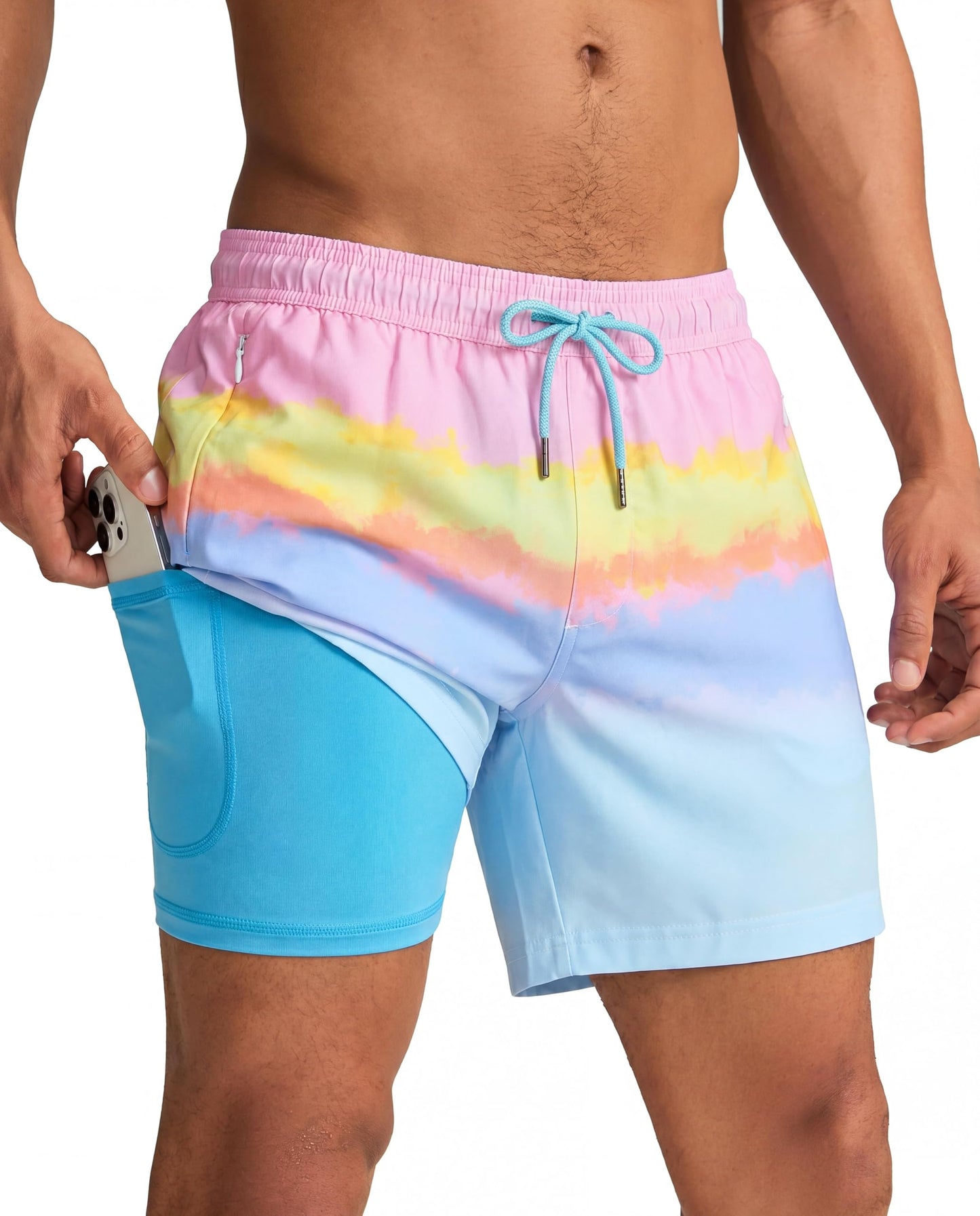 maamgic Mens Swim Trunks with Compression Liner 5 Inch, Quick Dry Bathing Suit with Zipper Pockets, Stretch No-Chafing Swim Shorts, Sunset by the Sea X-Small