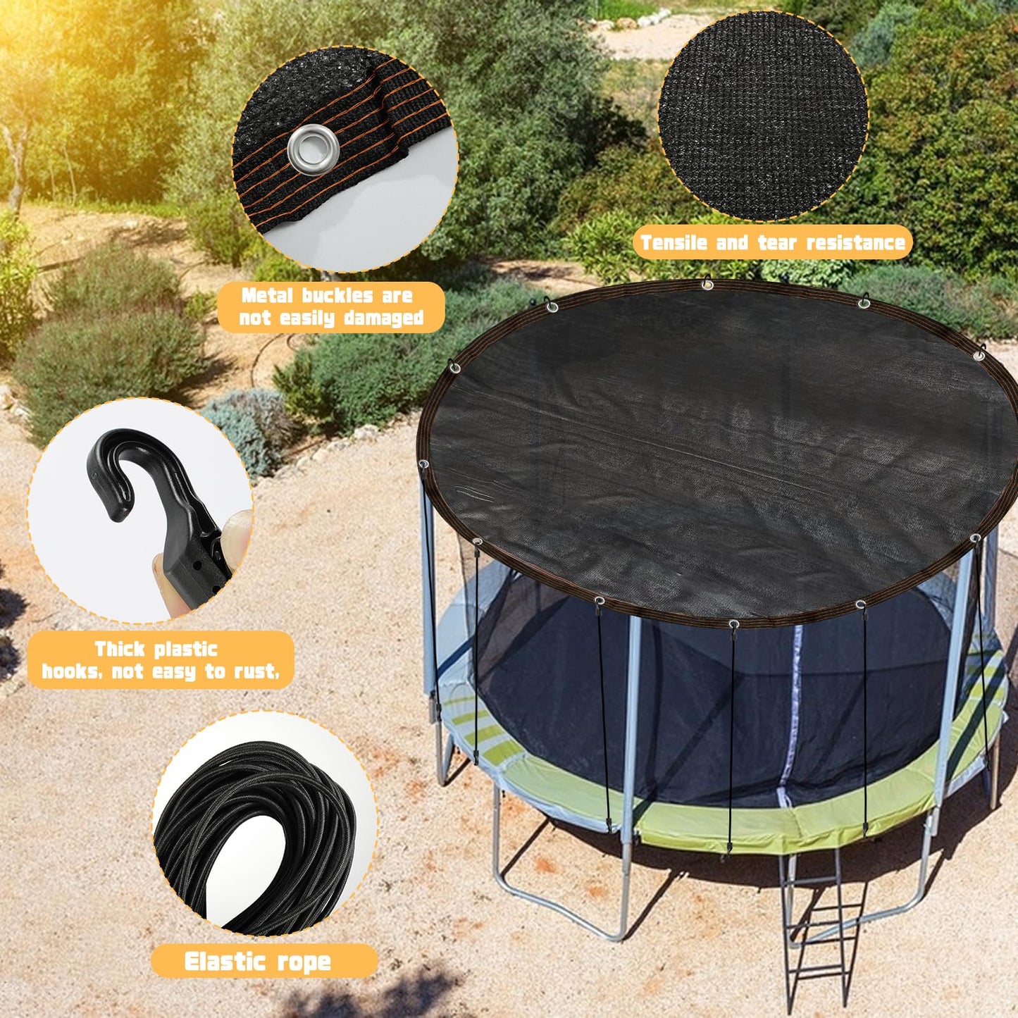 Trampoline Cover Black Round 90% Sunblock Shade Cloth 12FT Trampoline Top Shade Cover Sun Shade Mesh Tarp with Elastic Cord Plastic Hooks for Outdoor Backyard Playground Accessories, Tent Only