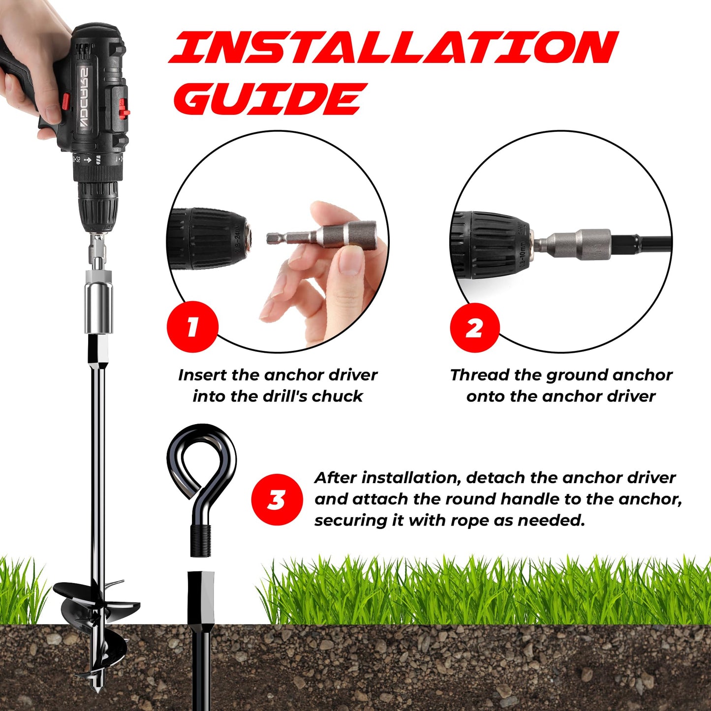 15" Ground Anchors Screw-in - Heavy Duty for High Winds - Ground Stakes - Earth Anchors for Sheds, Swing Sets, Tents, Trampolines, Gazebos, Carports, and Hurricane Tie-Downs
