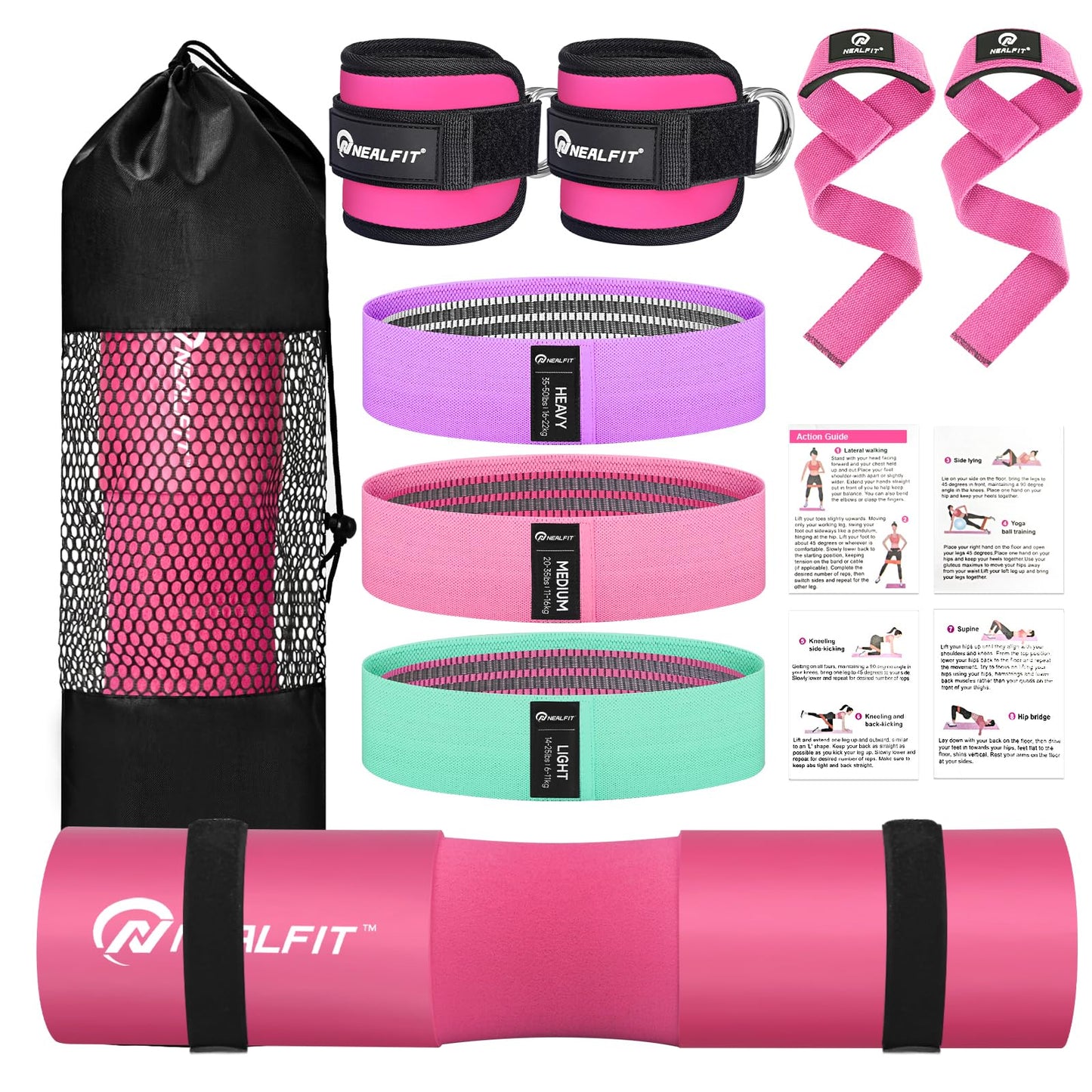 NEALFIT Barbell Pad Set for Squat & Hip Thrust - Extra Thick High Density Neck & Shoulder Support Cushion - Olympic Bar Pad for Weightlifting, Gym, Home Workouts (Pink)