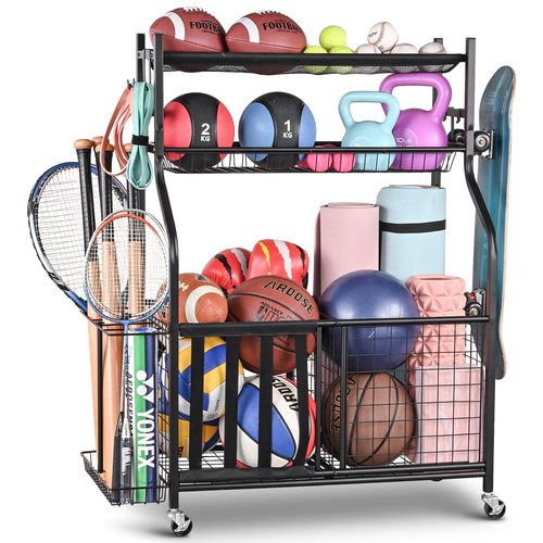 PLKOW Sports Equipment Organizer - Garage Storage Rack with Basket and Hooks, Garage Ball Storage for Toy and Sports Gear, Black
