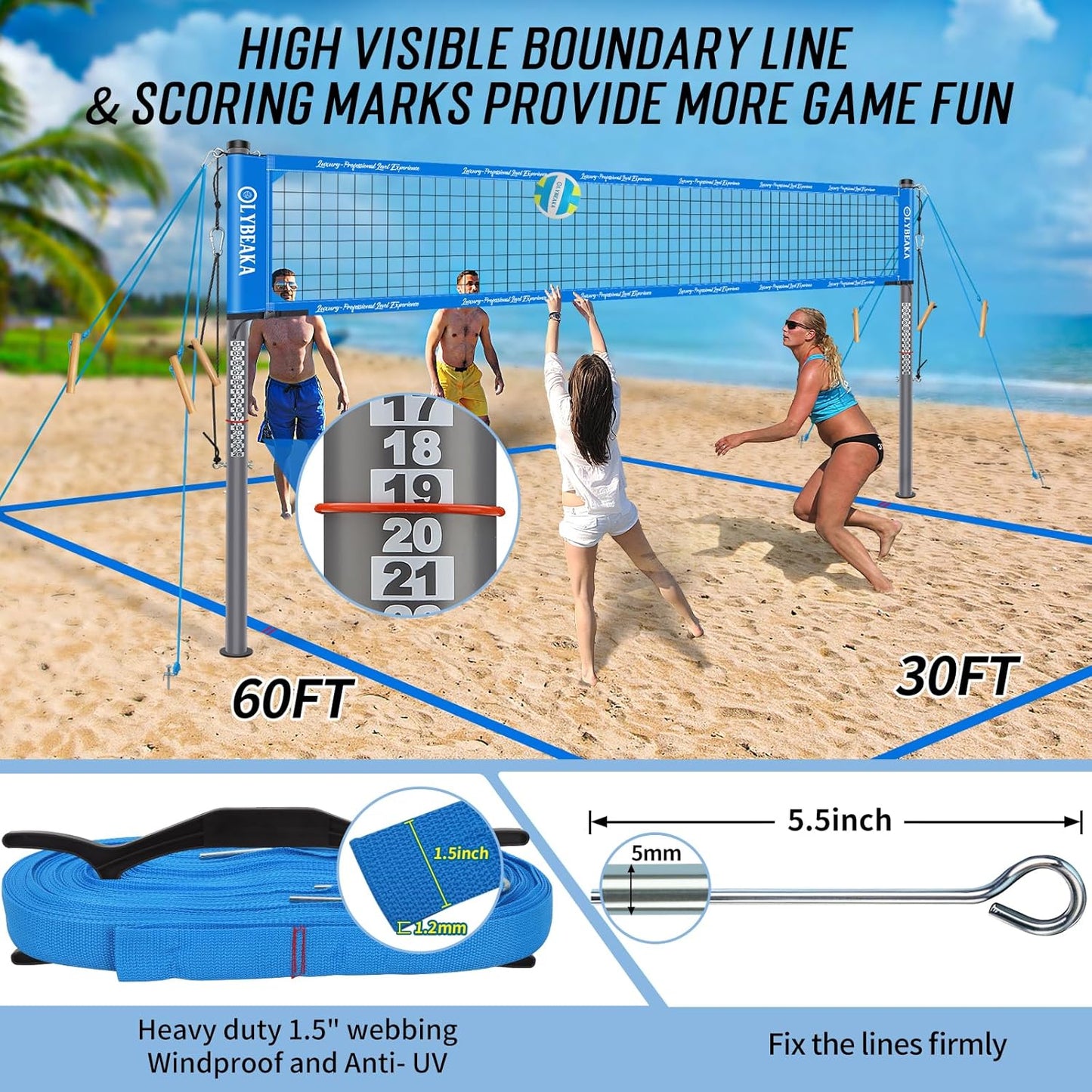 2025 Outdoor Professional Volleyball Net Set for Backyard Beach with Tetoron Net, Adjustable 2" Aluminum Poles, PU Volleyball,Carry Bag - Easy Setup & Anti-Sagg with 2 Tension Adjusters