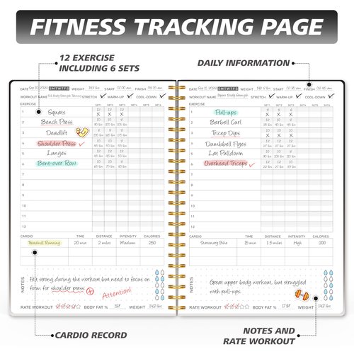 Fitness Journal Workout Planner for Women & Men - A5(5.5" x 8.5") Sturdy Workout Log Book for Gym & Personal Home Workouts - Black