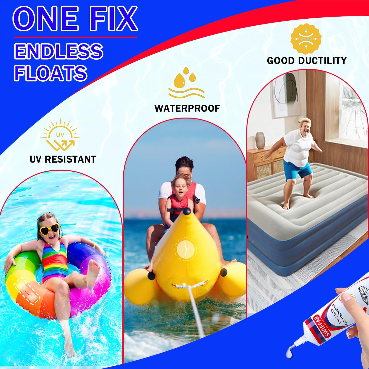 Air Mattress Patch Kit, Heavy Duty Underwater Pool Liner Patch Kit, Effective Vinyl Glue for Above Ground Pool, Paddle Board, Float, PVC Boat, Raft, Air Bed, Bounce House, Hot Tub, Gentle Formula