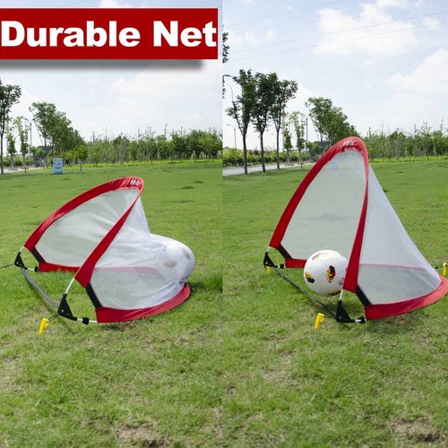 Poray Soccer Goal for Kid Easy-up Set of Two Portable Soccer Net 210D Oxford with 8 Field Marker Cones Extra Stakes Fun for Backyard and Soccer Training (2.5FT Long Red Goal Set)