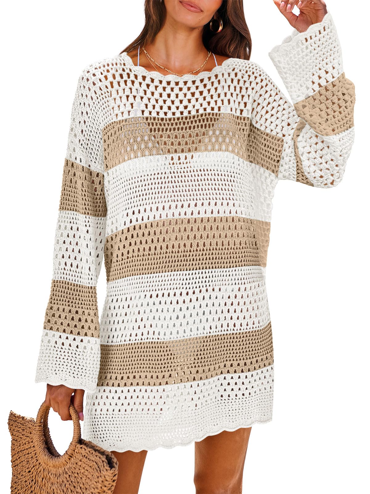 ANRABESS Women Swimsuit Crochet Swim Cover Up 2026 Summer Bathing Suit Swimwear Mesh Knit Beach Dress Vacation Outfits Khaki-White Large