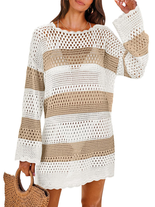 ANRABESS Women Swimsuit Crochet Swim Cover Up 2026 Summer Bathing Suit Swimwear Mesh Knit Beach Dress Vacation Outfits Khaki-White Large