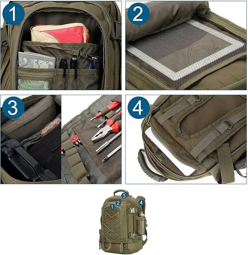Large 64L Tactical Backpack for Men with MOLLE System - Expandable Army Backpack, Green