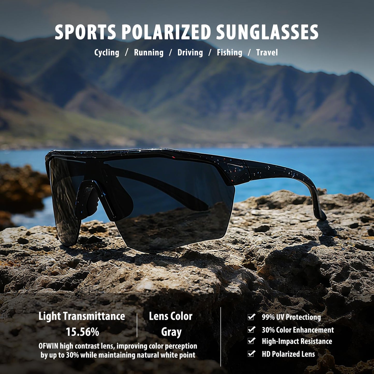 Ofwin Kids Sports Sunglasses for Boys Girls Polarized Youth Softball Baseball Sunglasses Cycling Running Age 5-15 Black Frame/Gray Lens