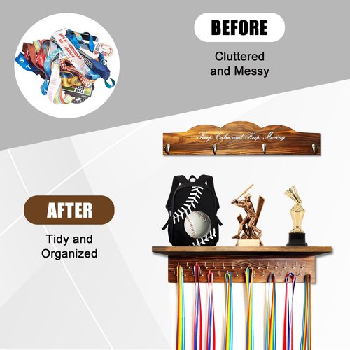BILYSKEP 20'' Medal Hanger Display Trophy Shelf with Hooks Wooden Medal Holder for Wall Mount Ribbon Trophy Shelf Gift for Gymnastics Running Race Soccer Awards/Trophy