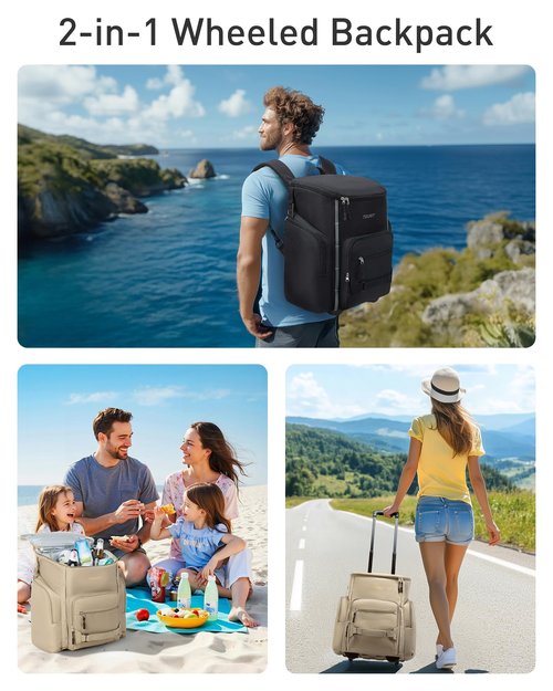 TOURIT Rolling Cooler Backpack: Leakproof Waterproof Insulated 36 Cans Beach Cooler with Wheels and Handle Outdoor Camping Picnic Travel Black