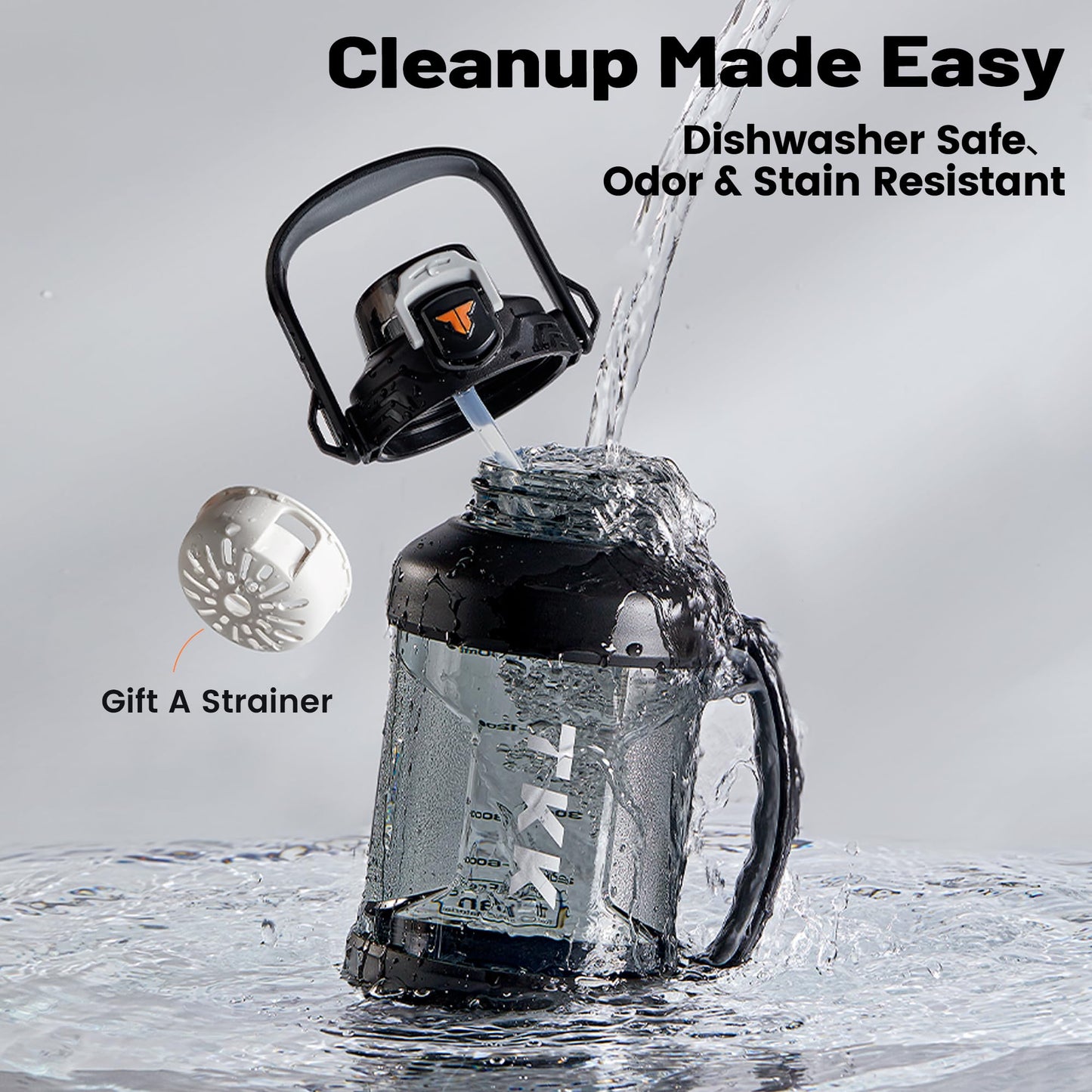 TKK Half Gallon Water Jug Sport Bottle with Straw 2 in 1 Lid Dishwasher Safe BPA Free Leakproof Large Capacity Tritan Plastic Bottle 1/2 Gallon 64oz Water Bottle for Gym Travel Camping Outdoor, Black