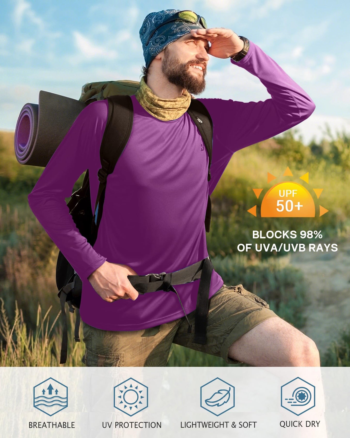Roadbox Mens UPF 50+ Long Sleeve SPF Diving Rash Guard UV Sun Protection Shirts for Outdoor Fishing Hiking Swimming Running