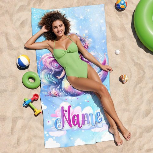 COOPASIA Mermaid Towel for Girls, Personalized Kids Beach Towels with Name, Sandproof, Microfiber, Custom Beach Accessories for Pool Bath Vacation