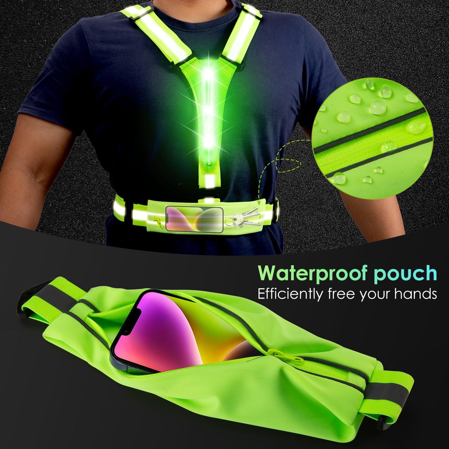 LED Reflective Running Vest with Phone Pouch, Light Gear for Night Cycling