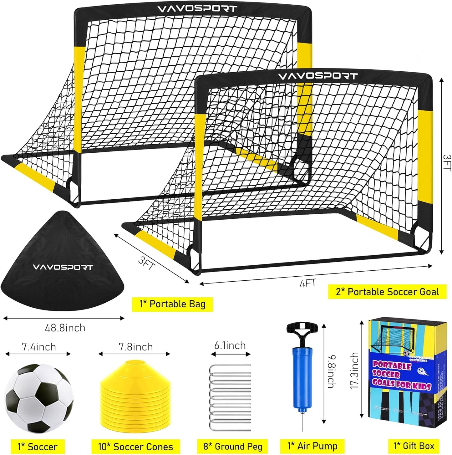 Kids Soccer Goals for Backyard Set, 2 of 4x3 / 6x4 ft Portable Soccer Goal Nets, Pop Up Mini Toddler Soccer Net Training Equipment & Ball, Cones for Ages 3-14, Outdoor Games Gifts for Youth
